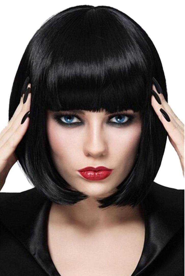 Black Bob Wigs for Women, 12'' Short Black Hair Wig with Bangs, Natural Fashion Synthetic Wig, Cute Colored Wigs for Daily Party Halloween BU027BK (Black)