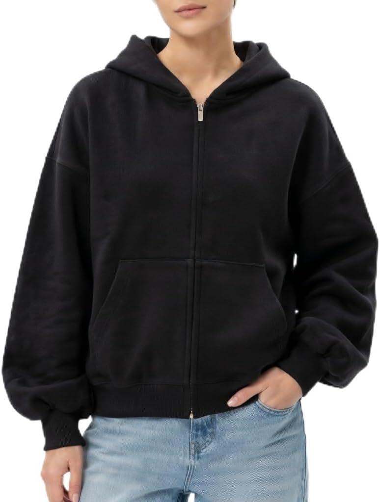 Womens Heavyweight Drop Shoulder Oversized Zip Up Hoodie Cotton Full Zip Sweatshirt, Large