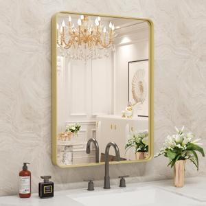 WEER Gold Bathroom Mirror, 20X30 Inch Brushed Gold Metal Frame Mirror, Rounded Rectangle Gold Bathroom Vanity Mirror for Wall, Tempered Glass, Anti-Rust, Hangs Horizontally or Vertically (20"L x 30"W)