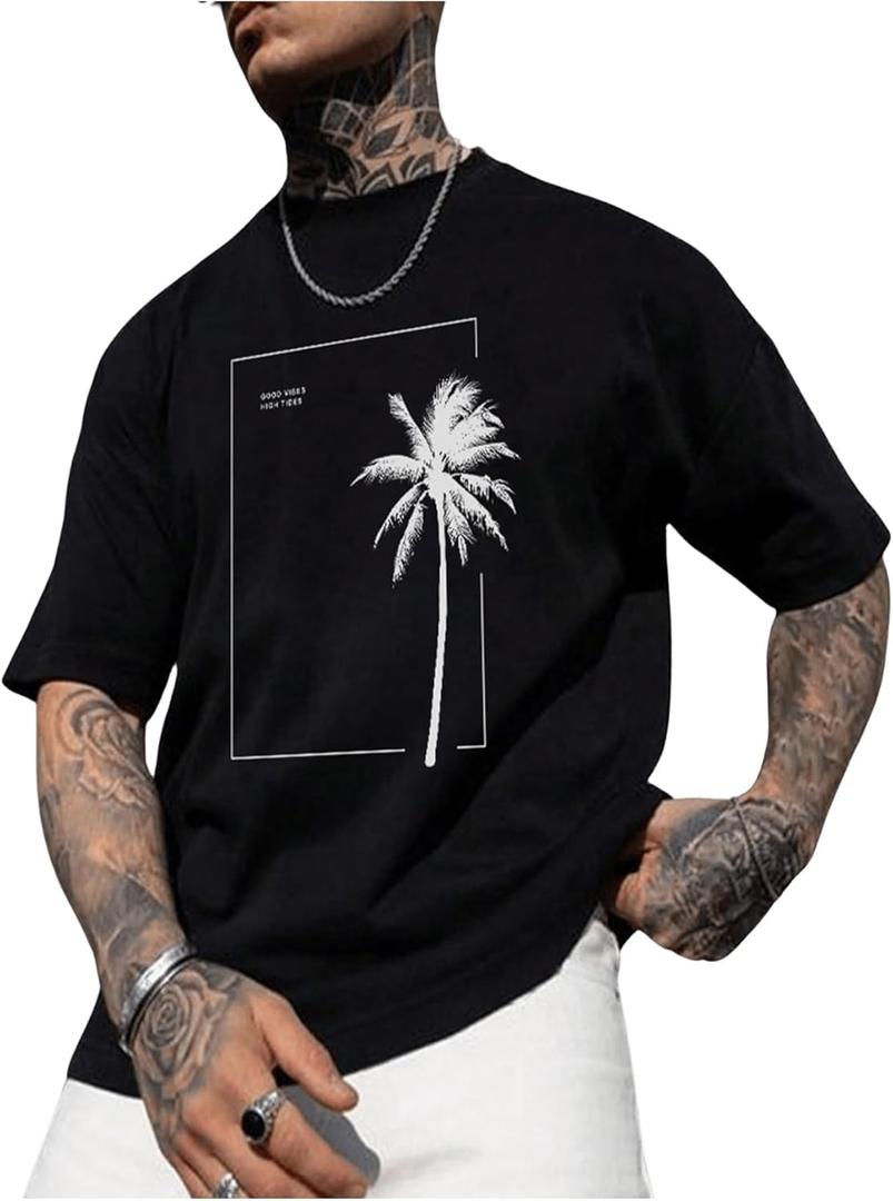 GORGLITTER Men's Crewneck T Shirt Letter Graphic Short Sleeve Casual Drop Shoulder Oversized Tee (X-Large, Black Tree)