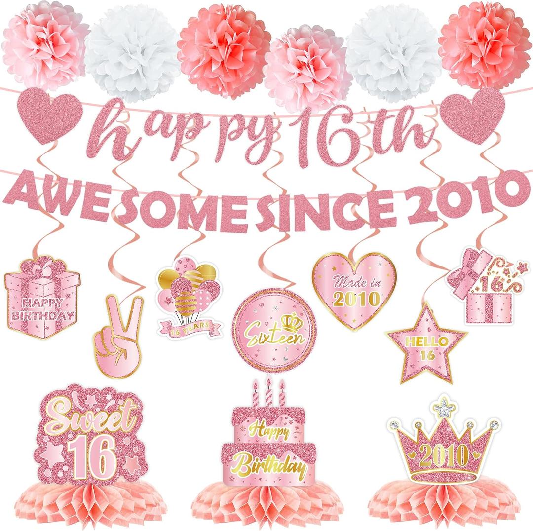 Sweet 16 Birthday Decorations, 18 Pcs Rose Gold Happy 16th Birthday Party Supplies with Banner Honeycomb Hanging Swirls Pom Poms, Party Decor Gifts for 16 Year Old Girl