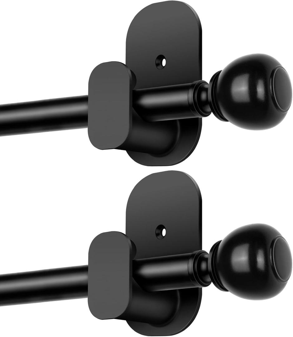 2 Pack Black No Drill Curtain Poles for Windows 48 to 84 Inches, USFOOK 5/8 Inch Window Treatment Rods with 3M Adhesive Brackets, Renter Friendly Curtain Rod with Round Finials