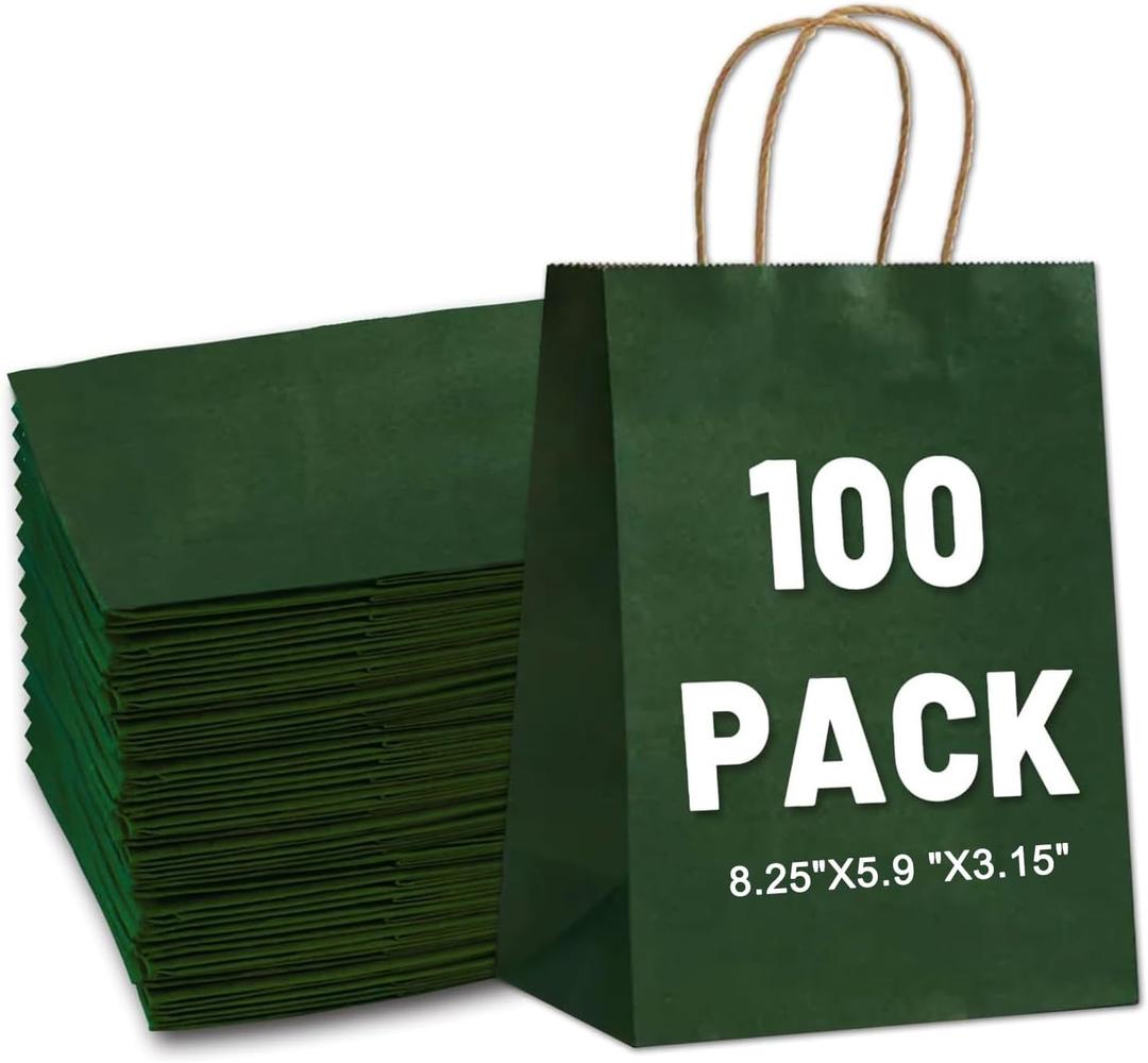 LIHOMR Gift Bags 8.25" x5.9 x3.15 100Pcs Paper Bags with Handles,kraft paper Bags for Small Business Christmas Bulk, Wedding, Party Favor, Shopping, Lunch, Halloween Trick-or-Treat (Green)