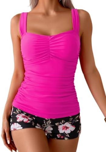 B2prity Women's Tankini Swimsuit Tummy Control Ruched Two Piece Bathing Suit Push Up Modest Swim Suits with Shorts, Large