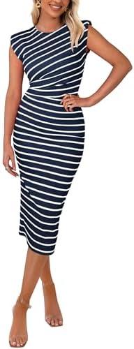 PRETTYGARDEN Women's Dresses 2025 Summer Casual Sleeveless Crewneck Slim Ruched Striped Knit Slit Midi Bodycon Dress XXL