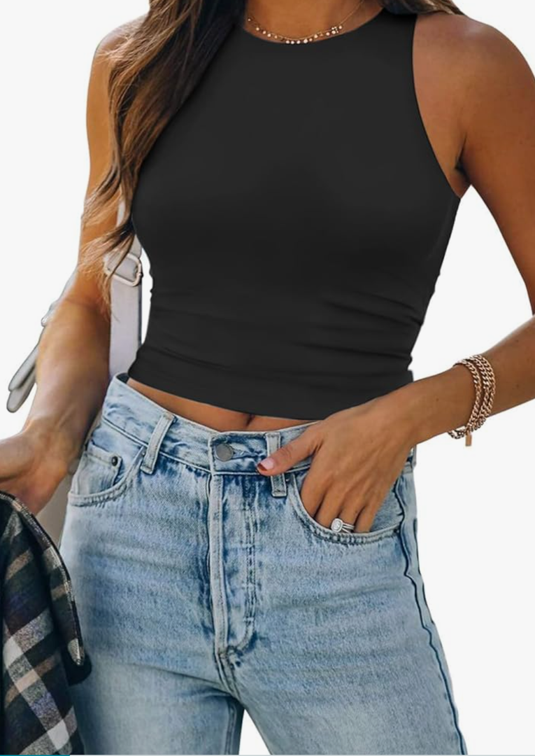 ATHMILE Womens Double Lined Crop Tank Tops Casual Basic Shirts Sleeveless Workout Tops Cute Summer Clothes Teen Girls L