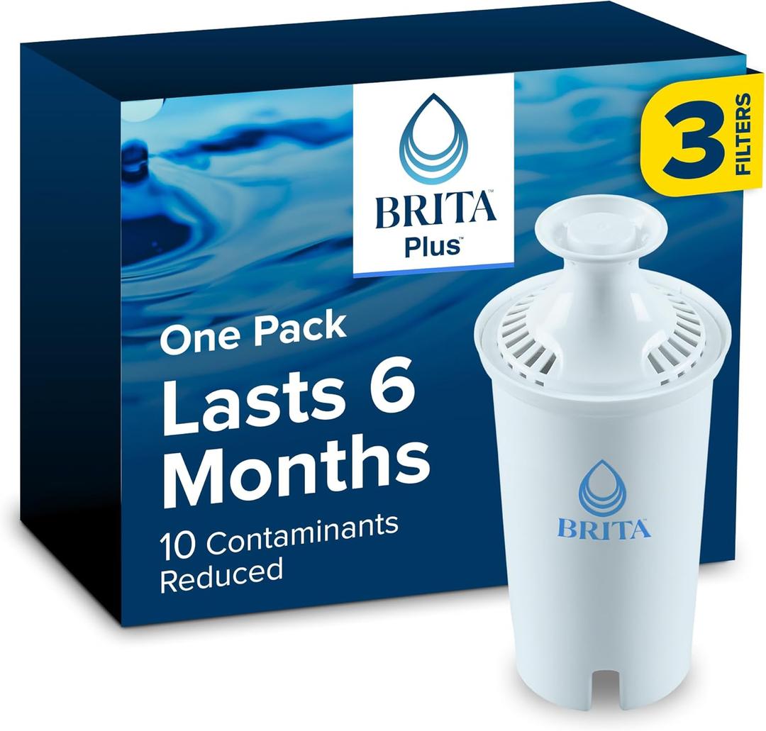 Brita Plus Water Filter, BPA-Free, High-Density Replacement Filter for Pitchers and Dispensers, Reduces 2x Contaminants, Lasts Two Months or 40 Gallons, Includes 3 Filters