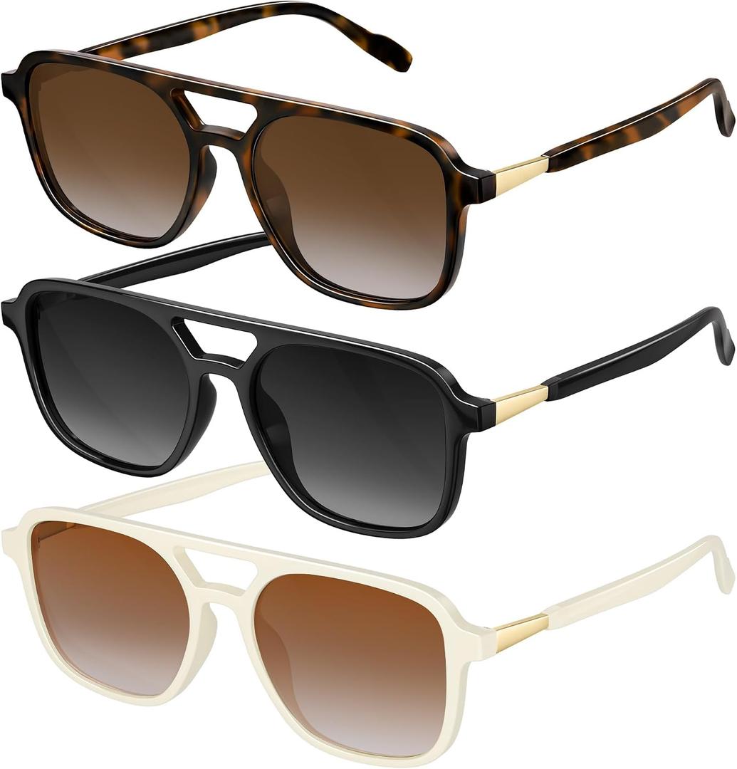 Retro Aviator Sunglasses for Women Men:Polarized Trendy Vintage 70s Rectangle Womens Shades Sun Glasses UV Protection, 3 Pa