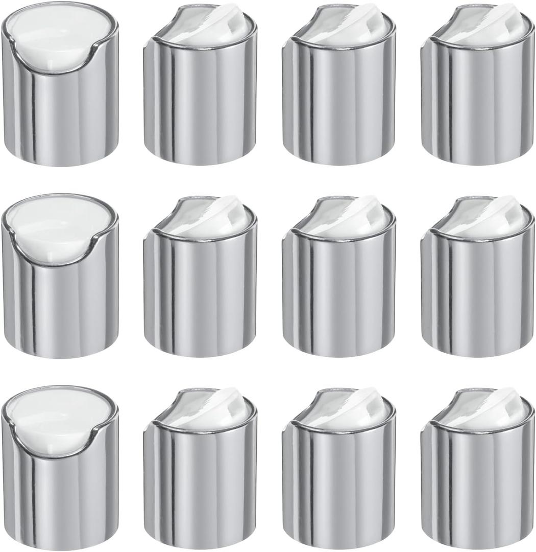 UXCELL 12pcs Aluminized Plastic Disc Top Caps, 20/410 Replacement Press Caps, Durable Dispensing Lids for Squeeze Bottles, Refillable Bottles, Silver White