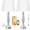 Seealle White Lamps for Bedrooms Set of 2 - Touch Control Bedside Lamp with USB C+A, 3 Way Dimmable Nightstand Lamps with USB Port, Table Lamp for Living Room(White Shade and Nickel Base)