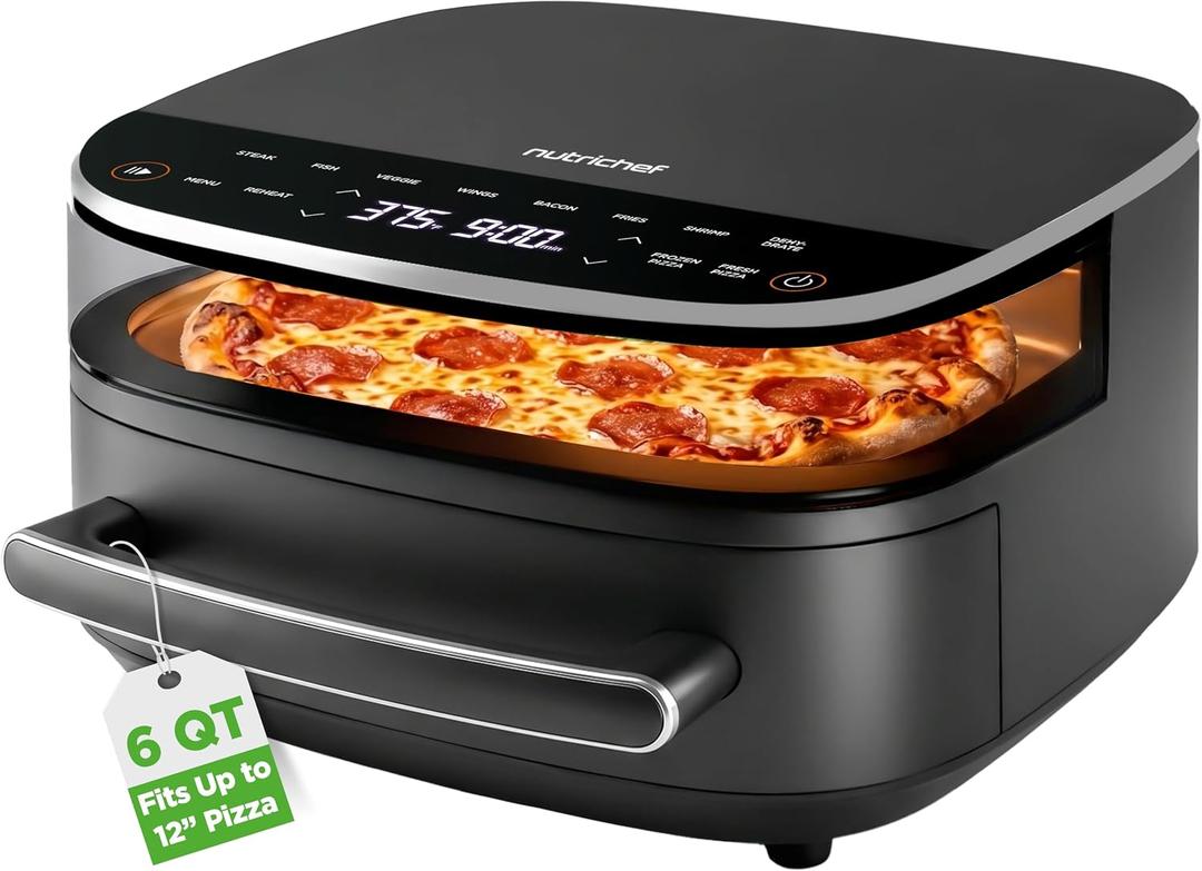 NutriChef 6 Quart Extra Large Air Fryer with 11-in-1 Cooking Presets | Extra-Large Basket Fits Up to 12” Pizza | Adjustable Temperature 450F & Timer Range | Dual Heat Source Technology | Grey