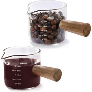 VRUIFA 2 Pack Measuring Cups, Espresso Shot Glass with Wood Handle, Clear Glass with Dual Scale, Espresso Accessories with Double Spouts, 2.5 OZ /75 ML