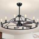 44'' Ceiling Fan with Light, Black Wagon Wheel Chandelier, Large Farmhouse Fandelier Light Fixture, Chandelier for Living Room, Dining Room, Adjustable High Ceilings