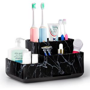 Toothbrush Holder with Anti-Slip, Detachable Bathroom Organizer Countertop for Easy Cleaning, Multifunctional Storage, Bathroom Caddy for Toothpaste, Shaver, Great for Vanity Organizer, Black Marble
