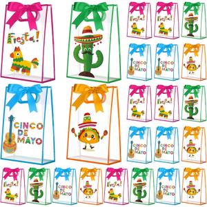 Gersoniel 24 Pack Cinco De Mayo Clear Gift Bags with Handles Reusable Plastic Mexican Party Gift Bags with Ribbons Fiesta Goodie PVC Pouches for Birthday Holiday Party Supplies, 7 x 10 x 3.15 Inch
