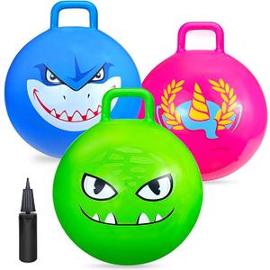 Bounce Balls with Handles for Kids, 3 Pack Hopper Ball for Kids 3-6, Hippity Hop Balls 18 Inch with Air Pump, Jumping Bouncing Ball Ride On Toys for Sports Games Balance Exercise Indoor Outdoor Fun