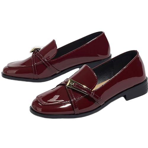 WVBVLO Women's Patent Leather Closed Square Toe Low Chunky Heel Loafers Fashion Buckle Decor Slip-On Comfortable Block Heel Casual Work Dress Shoes Business Office Walking Shoes (Wine Red,9)