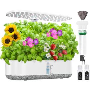 Large Hydroponics Growing System 14 Pods, Indoor Herb Garden with LED Grow Light, 5L Water Tank, Hydroponic Grow Kit with 3 Auto-Timers, Rotatable Light Panel and Child Lock for Home School Gardening (White)