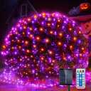 WBao Solar Halloween Lights Outdoor 200LED 8.4ft x 5.2ft Orange Purple Halloween Net Lights with Remote, 8 Modes, Timer, IP65 Waterproof & Dark Green Wire for Lawn, Bushes, Trees, Shrubs Decorations