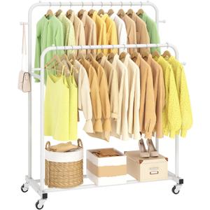 Laiensia Double Rods Garment Rack with Wheels, Clothing Rack for Hanging Clothes,4 Hooks, Multi-functional Bedroom Clothes Rack, White