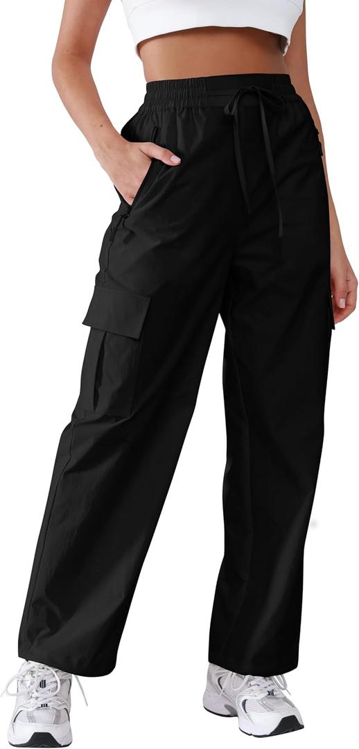 Hiking Pants Women Lightweight Cargo Pants Quick Dry Water Resistant Outdoor Travel Pants with Zipper Pockets (Small, Black)