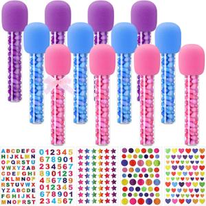 12 Pcs Microphone Candy Tubes Kpop Themed Birthday Party Decor 10'' Fake Plastic Microphone Prop Toy with Stickers for Karaoke Disco Singer Stage Favors, Candy Not Included (Purple, Pink, Blue)