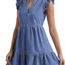 POTILI Denim Dress for Women Ruffle Short Sleeve V Neck Jean Mini Dress with Pockets (Blue, M)