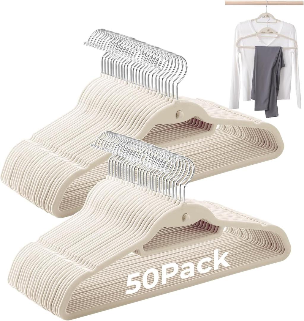 Ivory Velvet Hangers 50 Pack, Felt Covered Non Slip Fabric with Stackable Cascading Hook, Ultra Thin and Space Saving with 360 Swivel Neck, 15Lbs Capacity for Clothes, Suit, Shirt, Coat