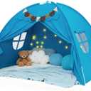 Full Size Bed Tent for Kids, Bed Tent Canopy Dream Playhouse Privacy Space Sleeping Tent with Stars Light & Flags, Toddler Large Floor Play Tent for Boy & Girl, Birthday Children‘s Gift, Blue, 77x55x52"