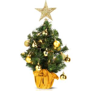 Sumind 24inch/2ft Tabletop Mini Christmas Tree Set with LED Lights, 24 Christmas Ball Ornaments, Pre-lit Small Artificial Green Tree Decoration for Xmas Table Indoor Holiday(Gold,Gold)