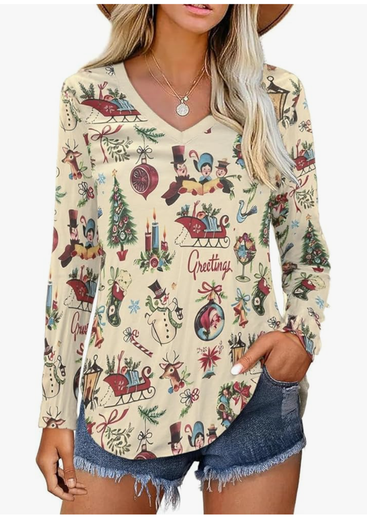 Shirt for Women Funny Letter Graphic Long Sleeve Tee Holiday Party Family Matching Tops, 2XL