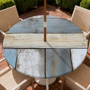 Round Outdoor Tablecloth with Umbrella Hole, Zippered Fitted Tablecloth with Elastic Edge, Waterproof Table Cloth Cover for Picnic Party Fits 37"-44" Round Table, Weathered Wood