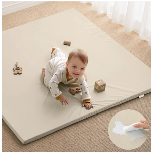 Blissful Diary Vegan Leather Baby Play Mat, 50x50 Thick Foam Cushioned & Waterproof Playpen Mat for Infants and Toddlers, Stylish and Just Wipe-Clean Playmat for Baby Play on Floor, Beige