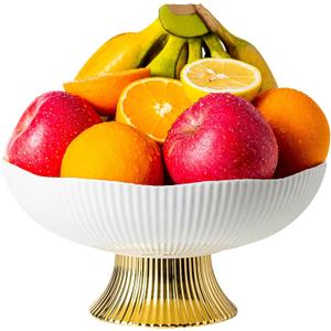 Ceramic Fruit Bowl,10 Pedestal Bowl, Decorated Fruit Tray for Kitchen Counter and Dining Table, Footed Bowls for Afternoon Tea Parties, Bread and Salad Bowl with Golden Feet