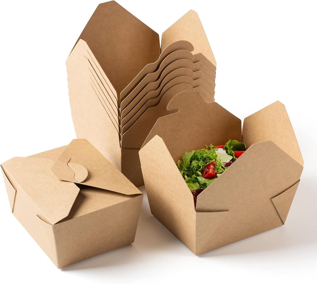 PakTalk To Go Containers Restaurant & Catering Supplies Takeout Food Containers 30oz Kraft Paper Lunch Boxes, Leak and Grease Resistant Disposable Paper Storage Box (50Pack, Brown)