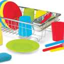 Melissa & Doug Wash and Dry Dish Set - 24 Pieces Kids Play Dishes, Play Kitchen Accessories, Toy Dishes for Kids Kitchen Ages 3+