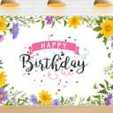 7X5ft Happy Birthday Spring Yellow and Purple Flowers Backdrop Banner for Women Colorful Flowers Carnival Party Birthday Decoration Props