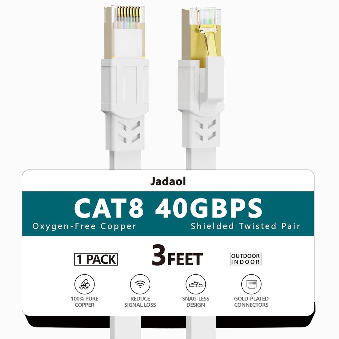 Jadaol Cat 8 Ethernet Cable 3 ft, 40Gbps 2000MHz Flat RJ45 S/FTP LAN Patch Cable, High-Speed Cat8 Network Cable for Router, Modem, Switch, Gaming Consoles, PC, Home Network & Streaming Devices, White