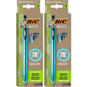 BIC Ecolutions Ocean-Bound Ball Pens, Medium Point (1.0mm), 4-Count Pack, Black Ink Pens Made from 78% Ocean-Bound Recycled Plastic (Pack of 2)