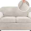 H.VERSAILTEX Real Velvet Plush 3 Piece Stretch Sofa Covers Couch Covers for 2 Cushion Couch Loveseat Covers Width Up to 72 Inch Thick Stay in Place (Medium Sofa, Oatmeal)