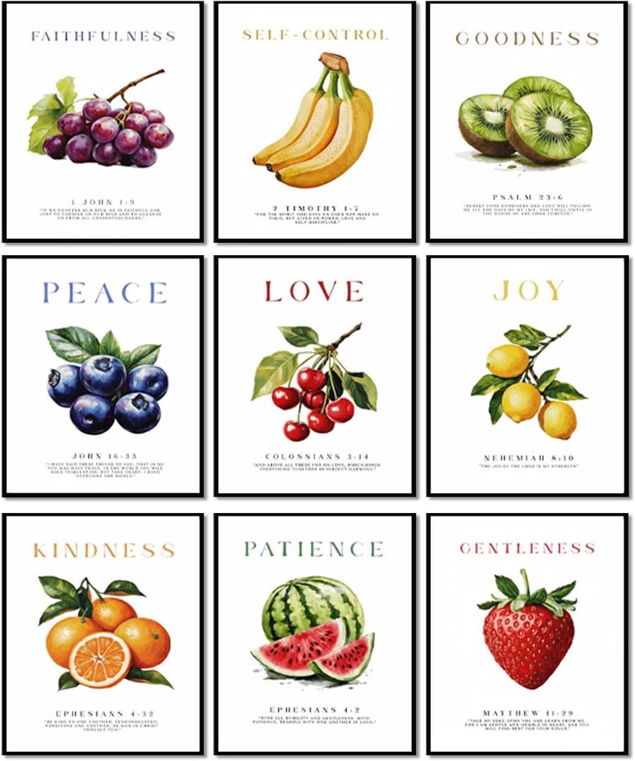 9Pcs Fruit of the Holy Spirit Wall Art Bible Verse Canvas Poster Print Inspirational Fruit Painting Pictures Christian Wall Decor for Bedroom Classroom School 8x10in Unframed (10L" x 8W")