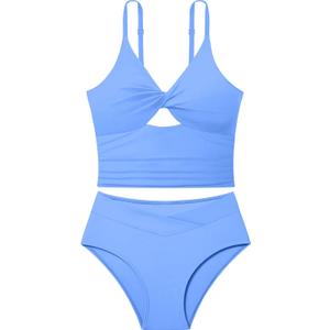 Girls Swimsuit Color Block Girls Bathing Suit Twist Tankini Set Two Piece Girl Swimwear Bikini Set for 9-16 Years (11-12 Years, Solid Blue)