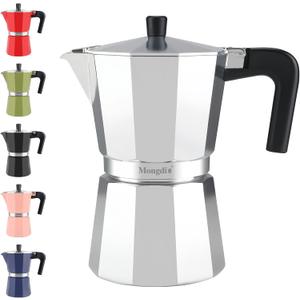 Mongdio Stovetop Espresso Maker Moka Pot, Stove Top Cuban Coffee Maker, Italian Greca Mocha Pot, 6 Espresso Cups, 10 oz - Silver