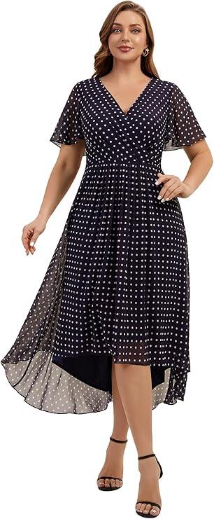 Ever-Pretty Plus Women's V-Neck Short Sleeves Plus Size Wedding Guest Dress Chiffon High-Low Formal Dresses, L