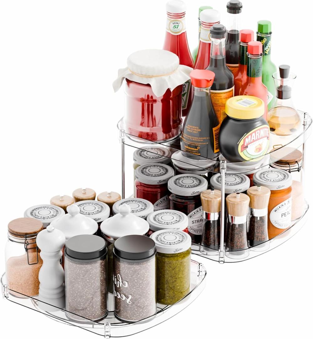 Yieach 2 Pack Rectangle Lazy Susan for Refrigerator,12x10 Square Fridge Turntable Organizer & Tray and 2 Tier Rotating Spice Rack for Jar,Can,Medication,Condiments,Seasoning Organizer for Cabinet