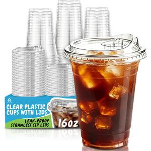 110 Pack 16 oz Clear Plastic Cups with Lids, 16 oz-110pcs (EXP 01/01/36)