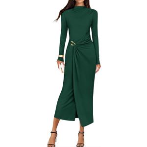 ZESICA Women's 2026 Spring Long Sleeve Bodycon Dress Mock Neck Wedding Guest Cocktail Party Long Midi Dresses (Green, M)