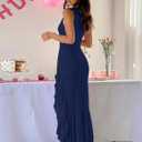 BORIFLORS Women's Elegant Bodycon Ruched Maxi Cocktail Dress Mesh Sleeveless Mermaid Ruffle Beach Wedding Guest Long Dresses (Blue, S)
