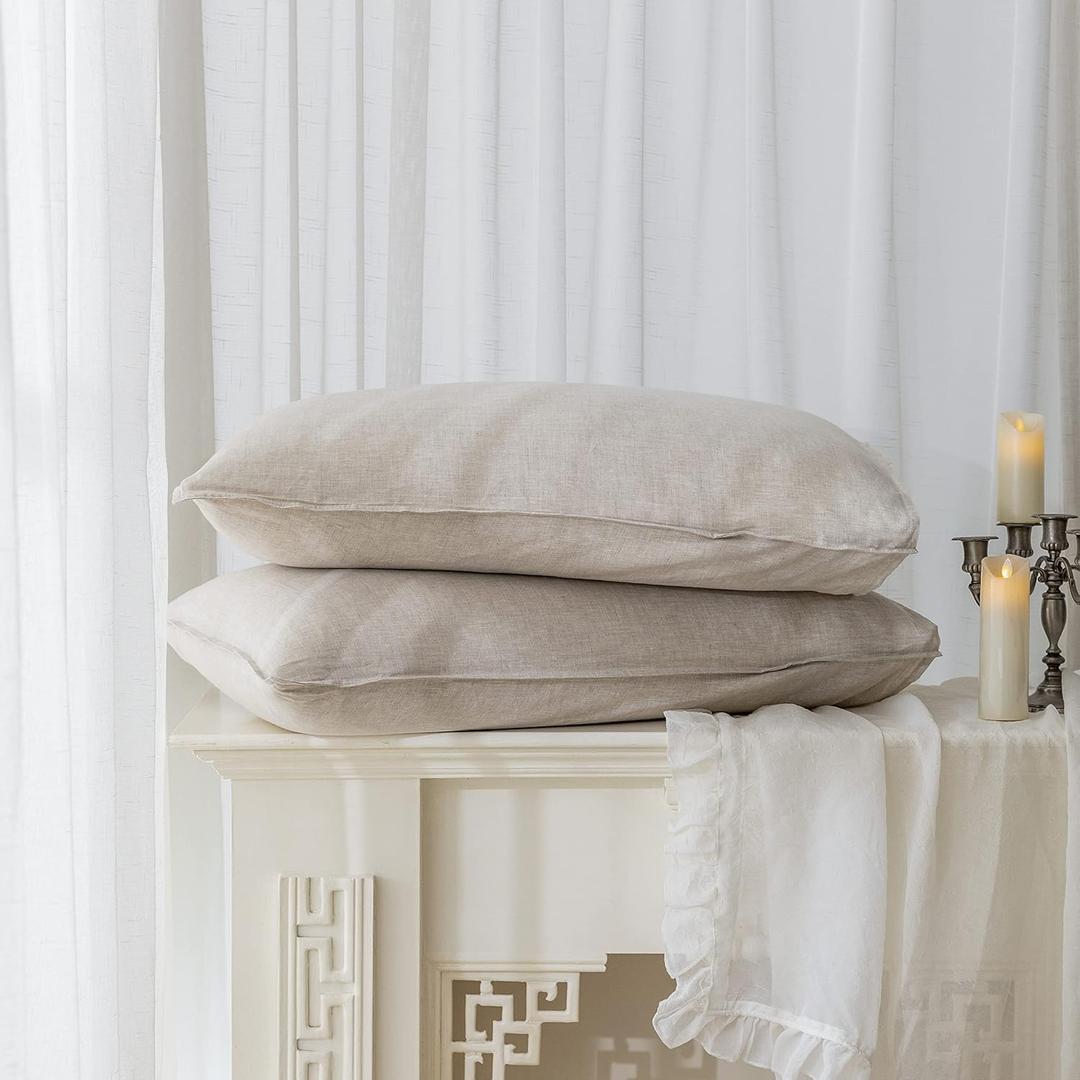 EVERLY 100% Linen Pillowcases Set of 2, Envelope Overlap Closure French Natural Washed Flax Pillowcases 20x30 inches-Natural Linen