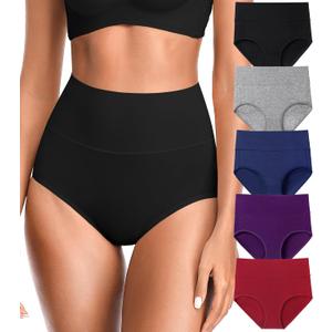 OLIKEME Womens High Waisted Underwear Tummy Control Cotton Full Coverage Ladies Panties Soft Stretch Briefs (Small, Multicolor-5 Pack)